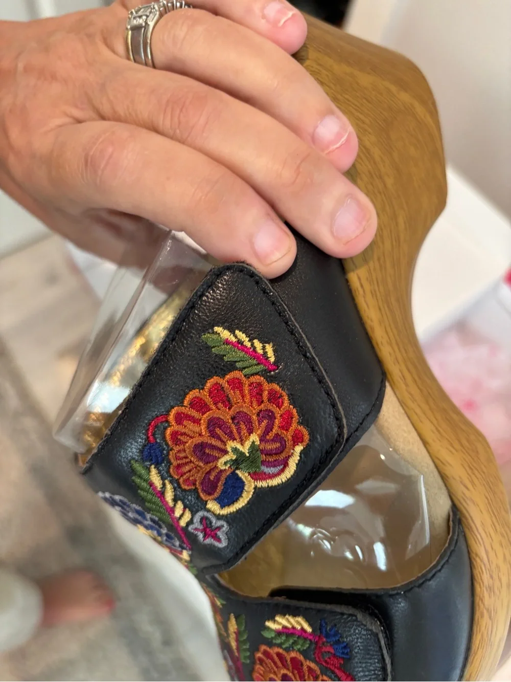 Alegria Black Slide Sandals with Multicolor Floral Embroidery
